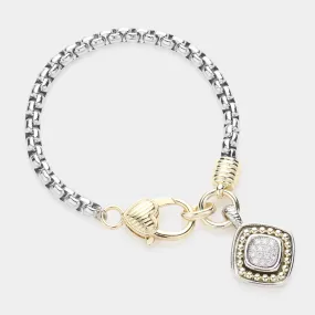 14K Gold Plated CZ Two-Tone Paved Square Charm Bracelet