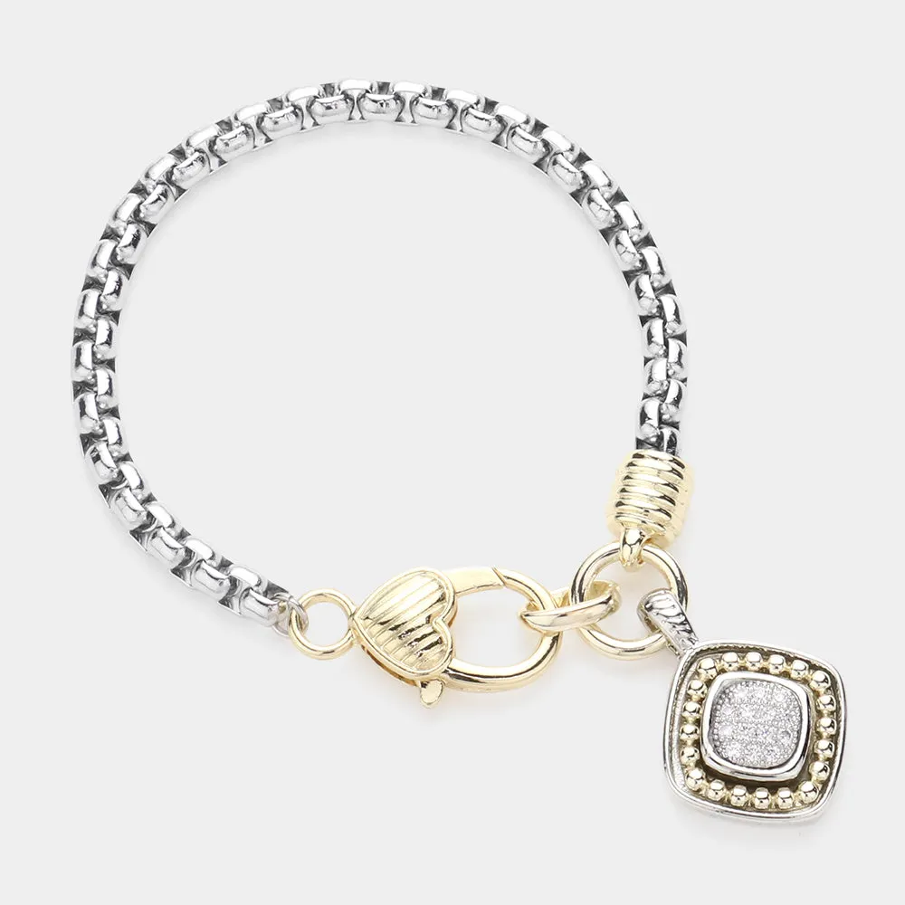 14K Gold Plated CZ Two-Tone Paved Square Charm Bracelet