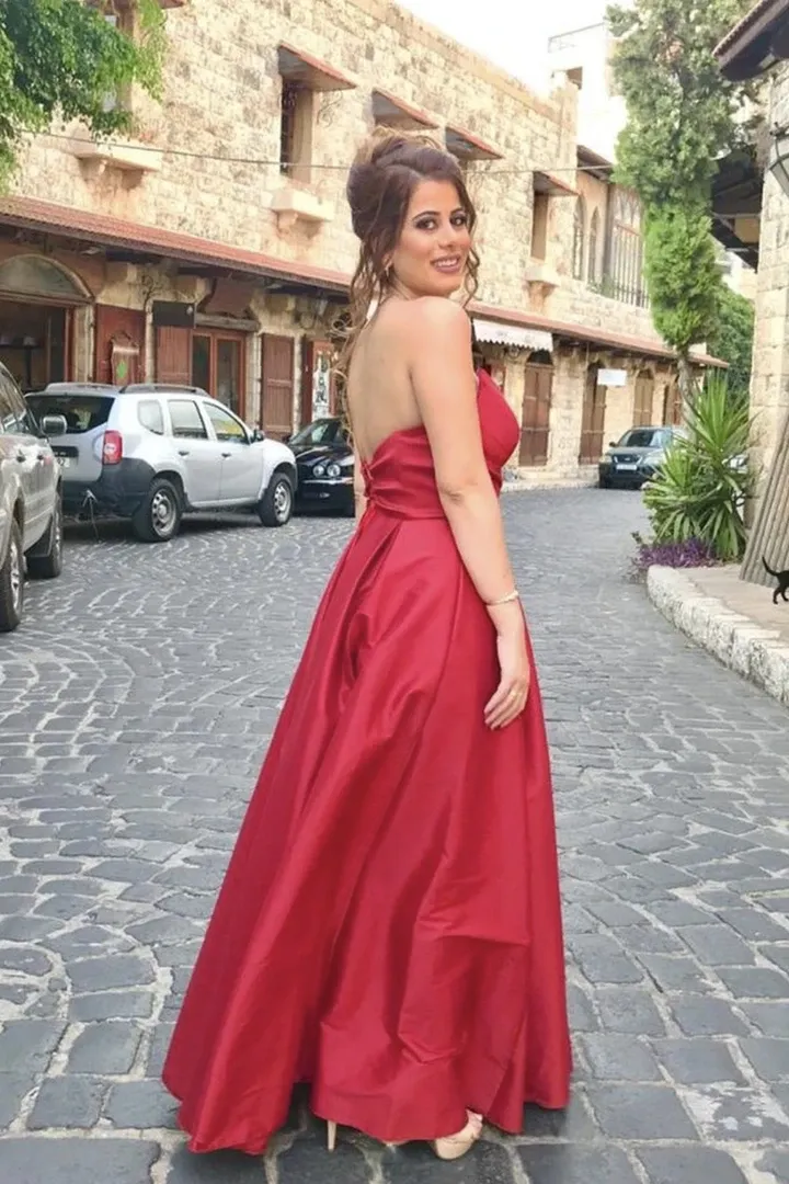 A Line Red Satin Long Prom Dresses, A Line Red Satin Long Formal Evening Dresses