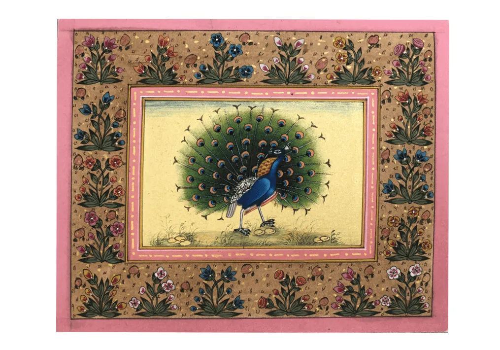 A Swirling Peacock in Miniature Painting by Mohan Prajapati