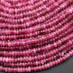 AAA Faceted Natural Pink Tourmaline Thin Rondelle 4mm Beads Diamond Cut Gemstone 15.5" Strand