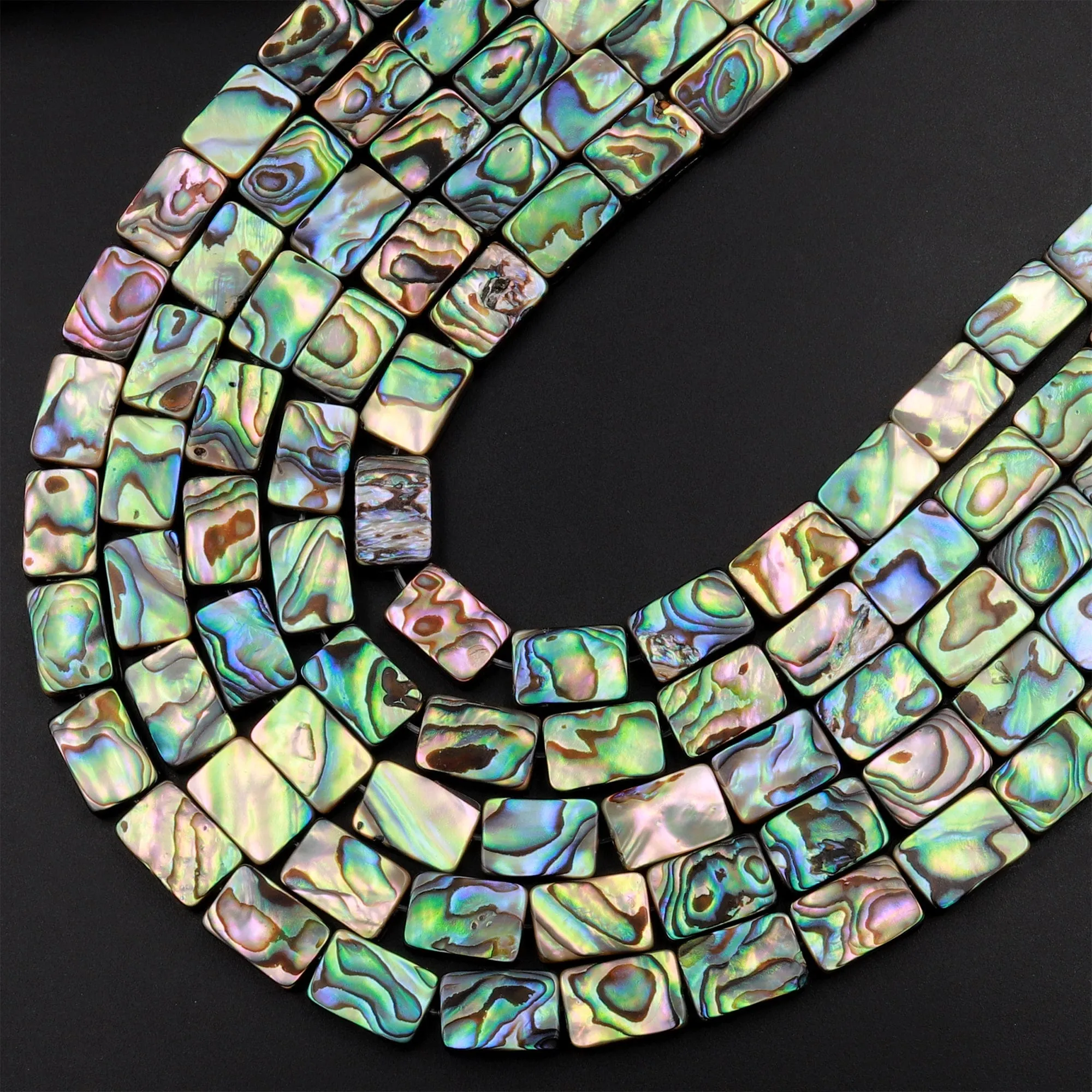 AAA Genuine Abalone 12mm 14mm Rectangle Beads Iridescent Rainbow Glow Blue Green Red Pink Flash 15.5" Strand