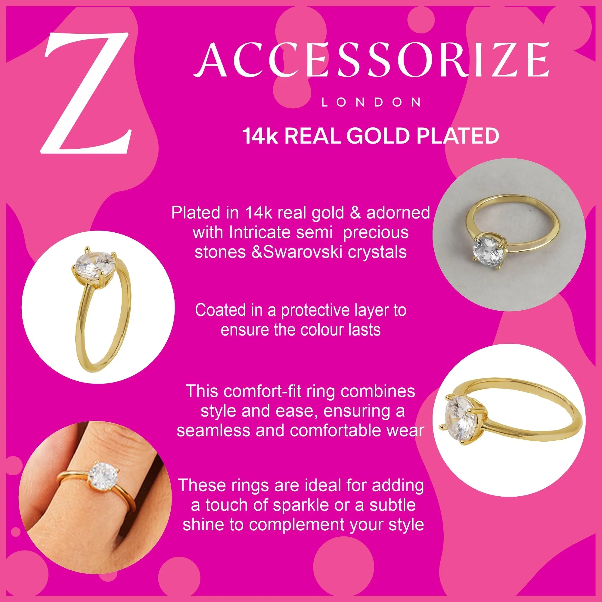 Accessorize London Women's Z Real Gold-Plated Cubic Zirconia Solitaire Ring-Large