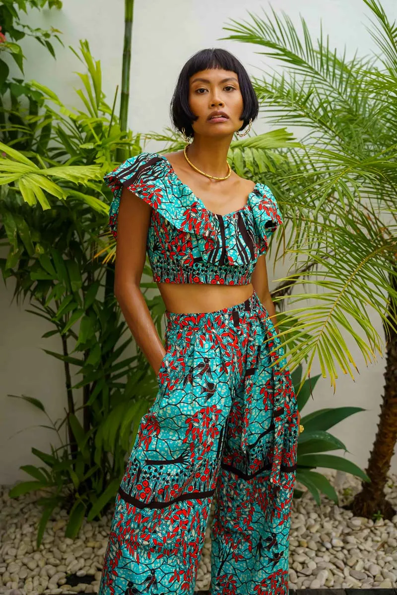 Adaora Frill Crop Top - Cyan/Orange Fallen Tree Print |TROPICANA