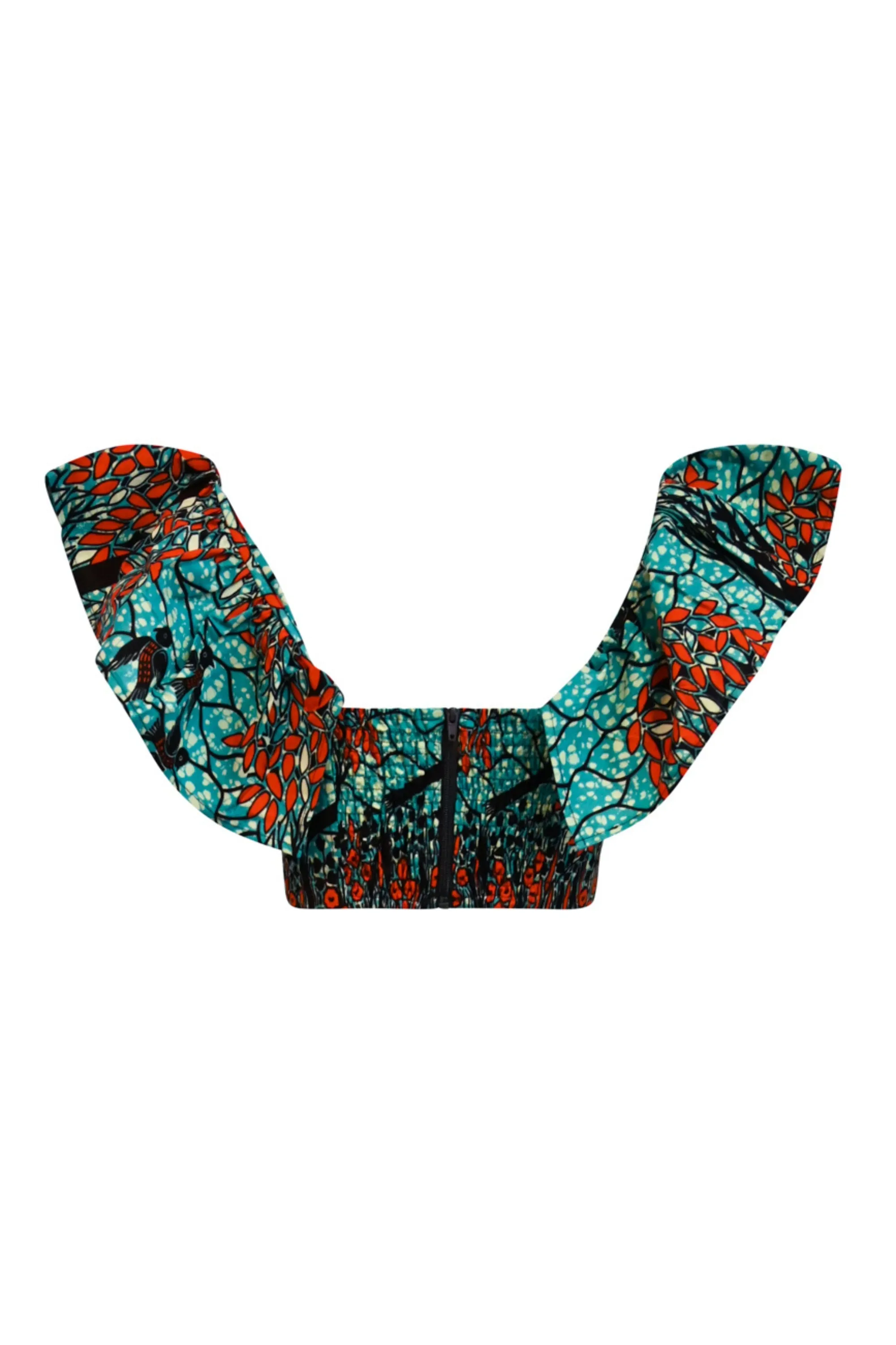 Adaora Frill Crop Top - Cyan/Orange Fallen Tree Print |TROPICANA