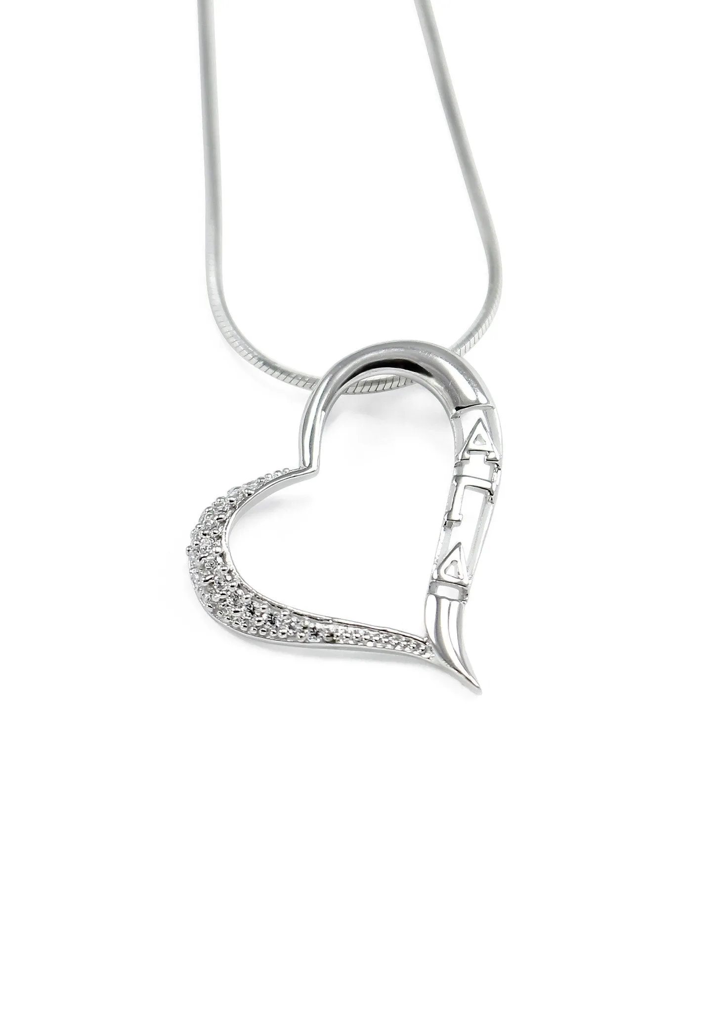 Alpha Gamma Delta Angled Sterling Silver Heart Pendant with CZ diamonds