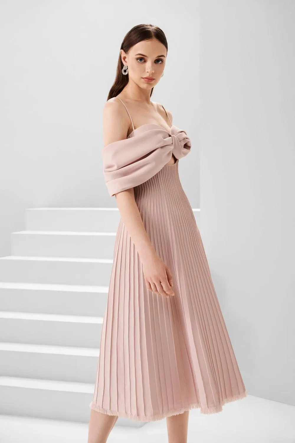 Amelia A-line Spaghetti Strap Crepe Midi Dress