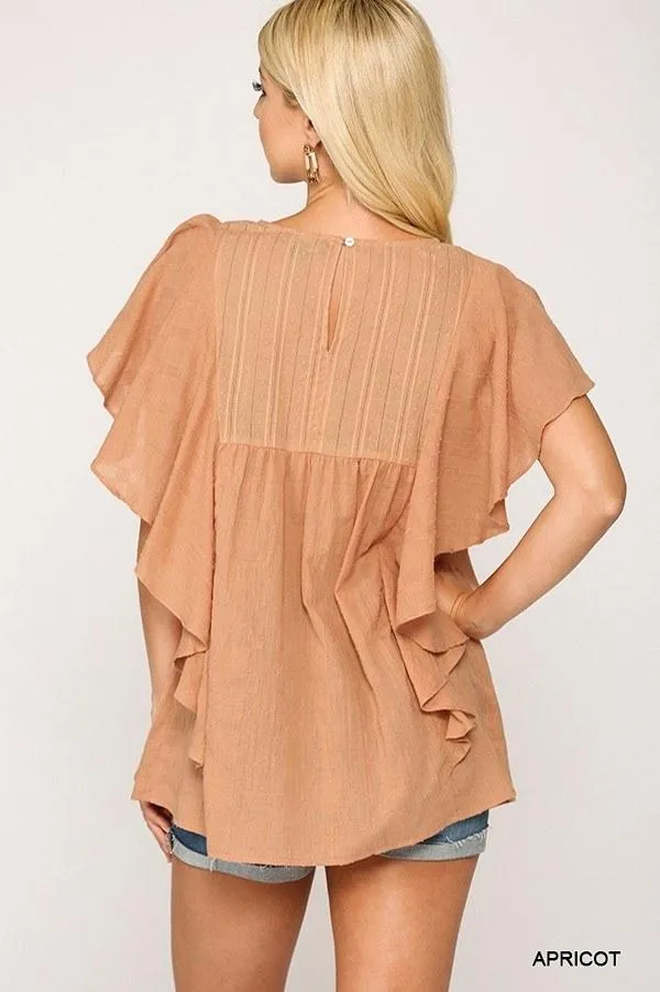 Apricot Color Textured Ruffle Sleeve Tunic Top with Back Keyhole