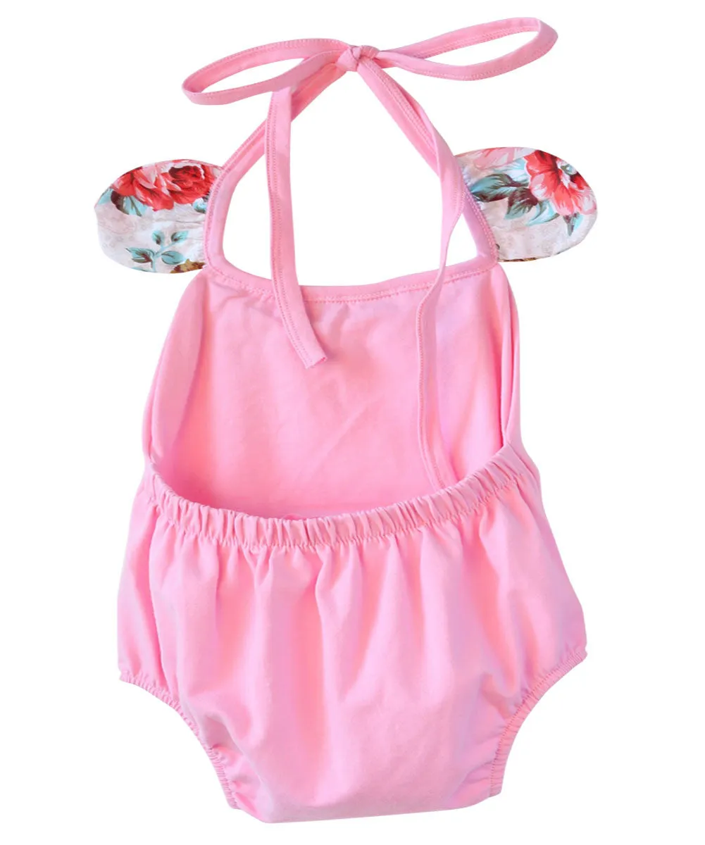 Baby Girl Pink and Floral Romper with Bubble Shorts and Headband Set