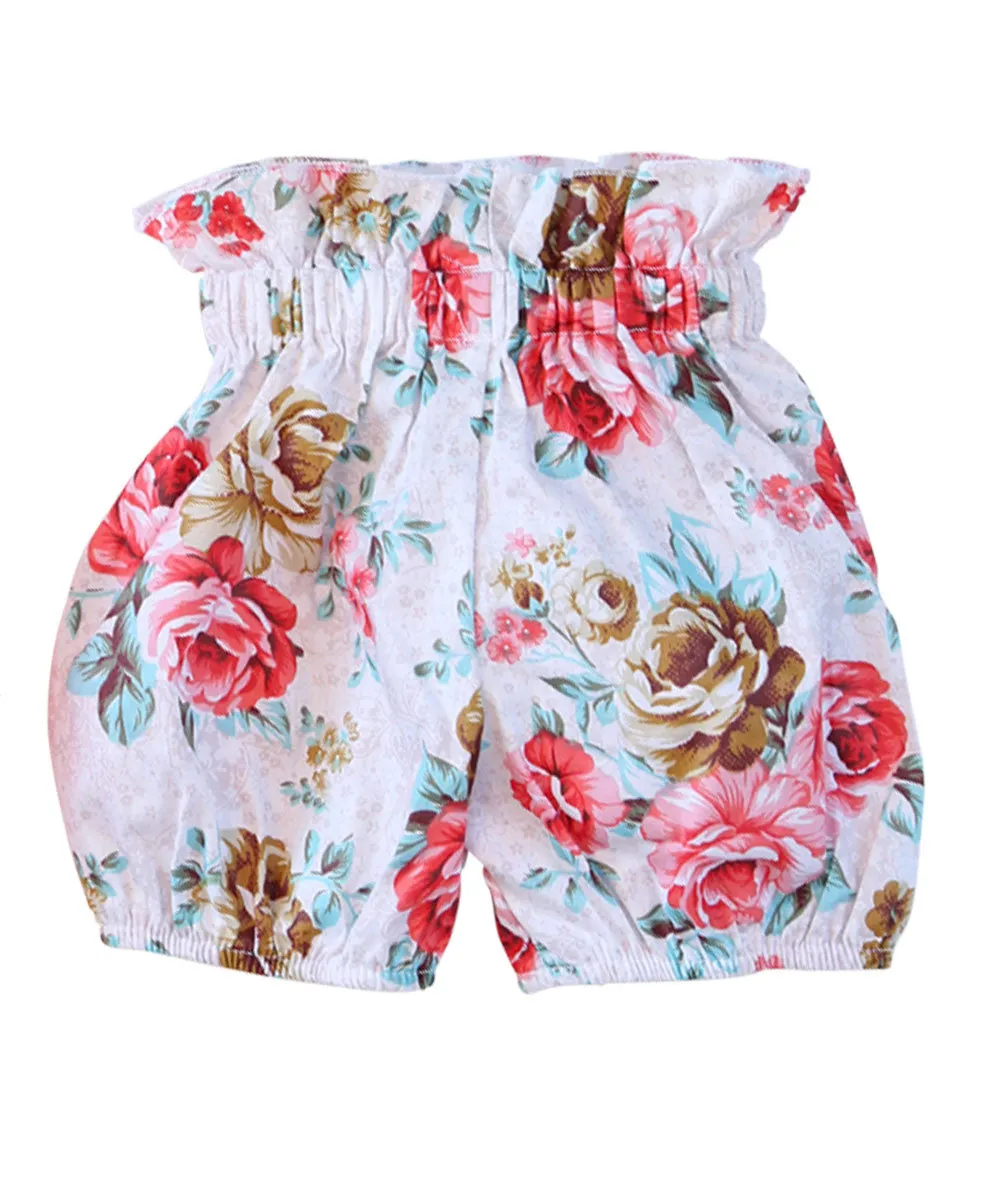 Baby Girl Pink and Floral Romper with Bubble Shorts and Headband Set