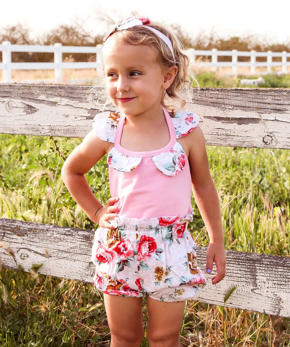 Baby Girl Pink and Floral Romper with Bubble Shorts and Headband Set