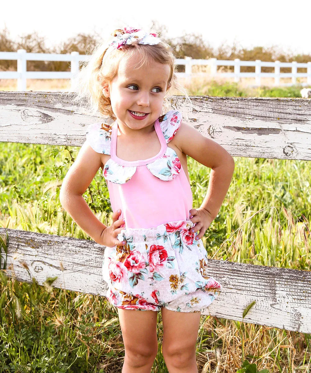 Baby Girl Pink and Floral Romper with Bubble Shorts and Headband Set