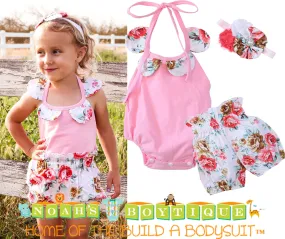 Baby Girl Pink and Floral Romper with Bubble Shorts and Headband Set