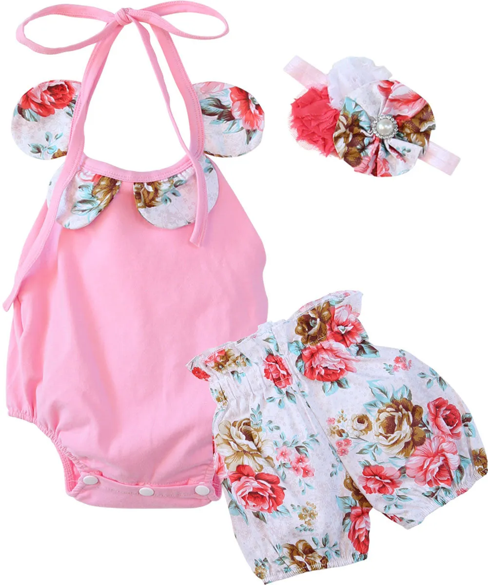 Baby Girl Pink and Floral Romper with Bubble Shorts and Headband Set