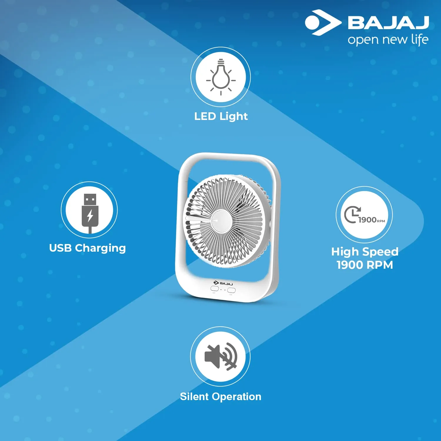 Bajaj Pygmy 178mm | USB Charging Fan | LED Light | 2100 RPM High Speed Table Fan | Silent Operation | Rechargeable Fan | Charging Fans for Home | White Portable Fan