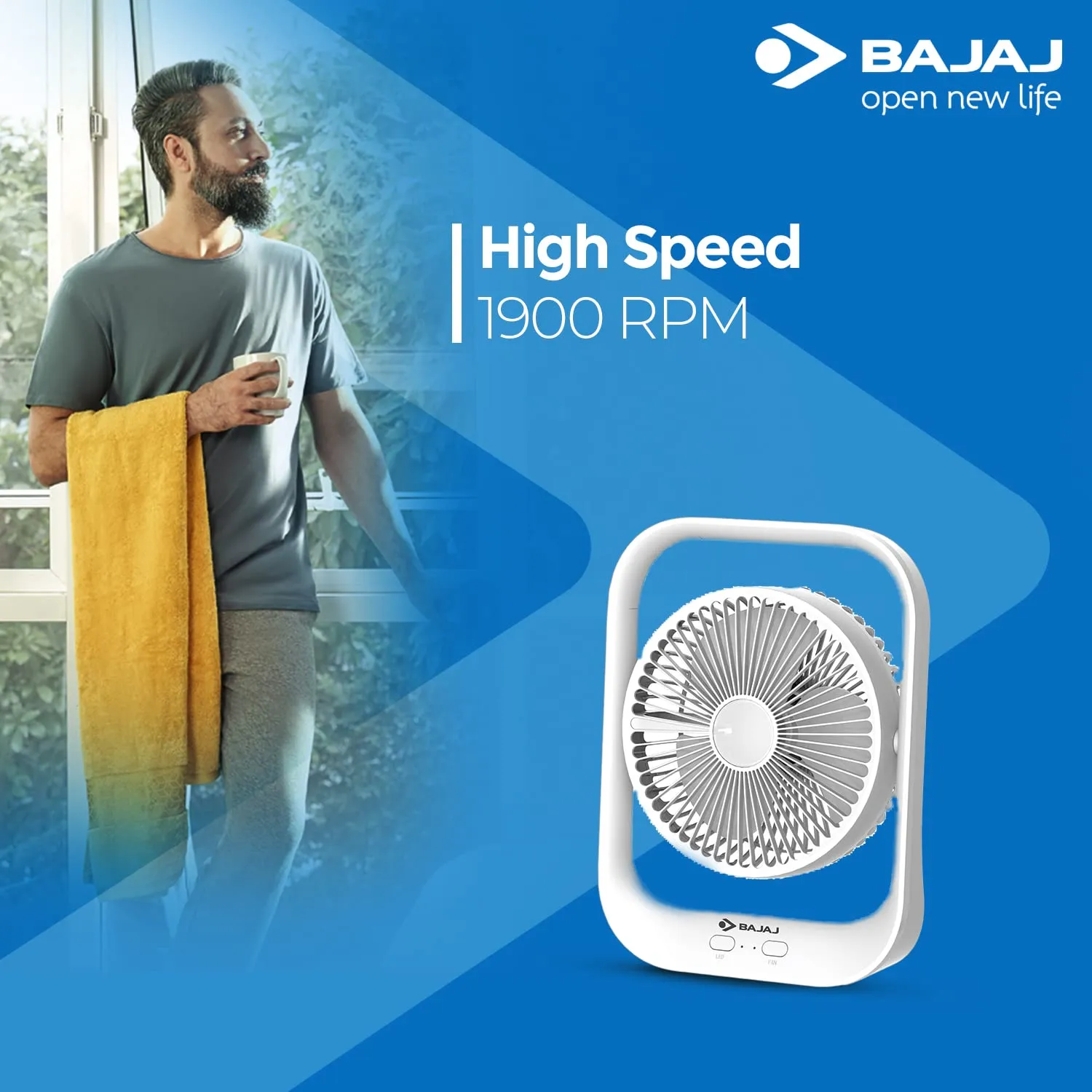 Bajaj Pygmy 178mm | USB Charging Fan | LED Light | 2100 RPM High Speed Table Fan | Silent Operation | Rechargeable Fan | Charging Fans for Home | White Portable Fan