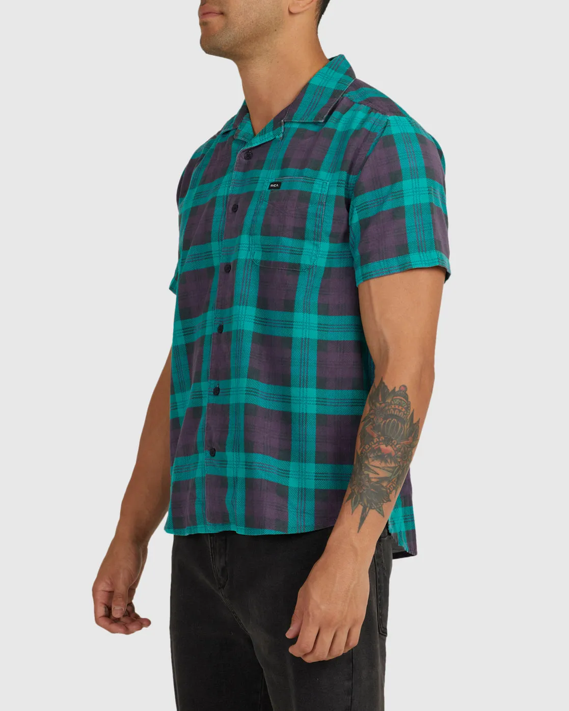 Barbed Plaid Short Sleeve Shirt - Teal