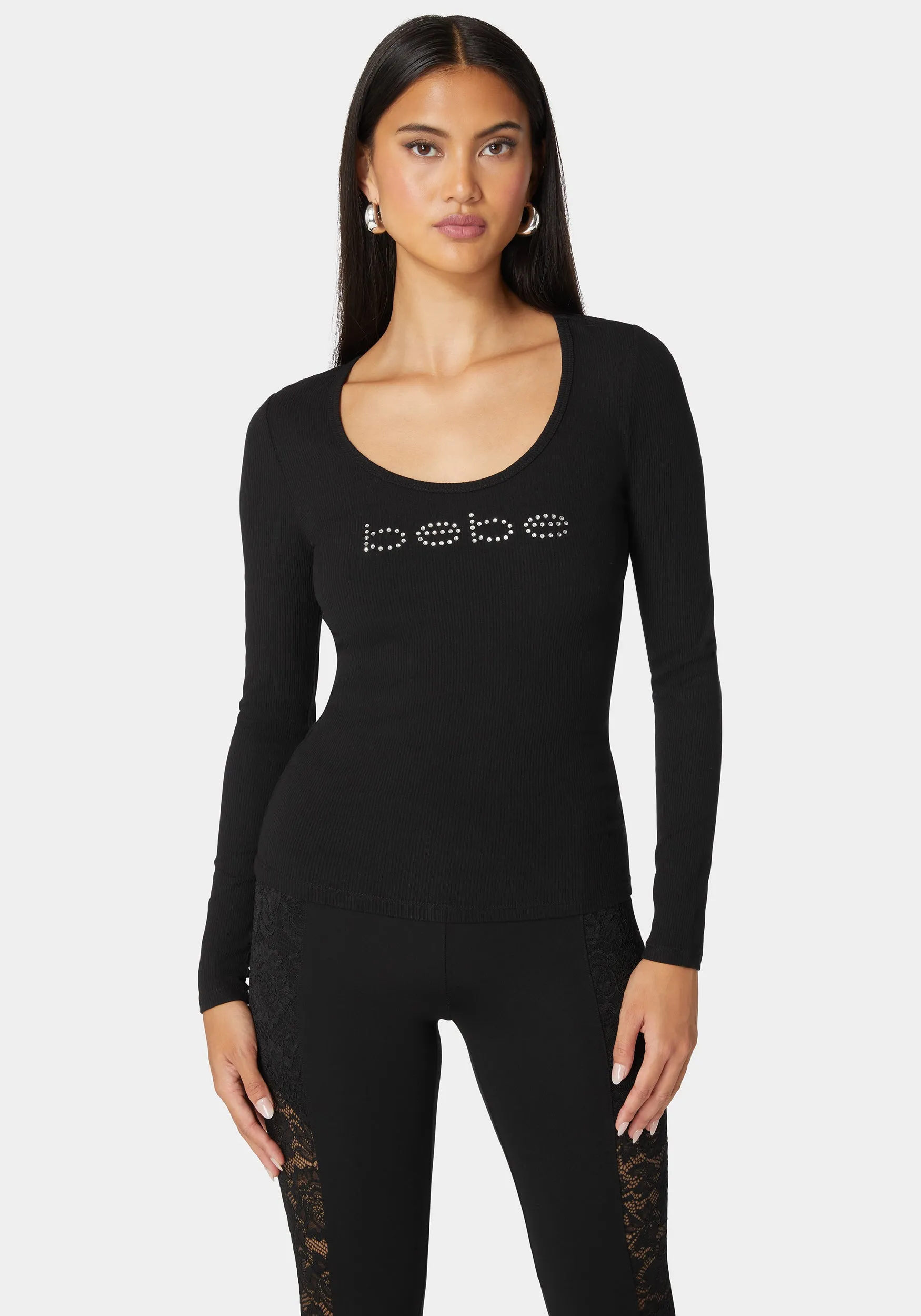 Bebe Logo Long Sleeve Scoop Neck Single Stone Rib Top