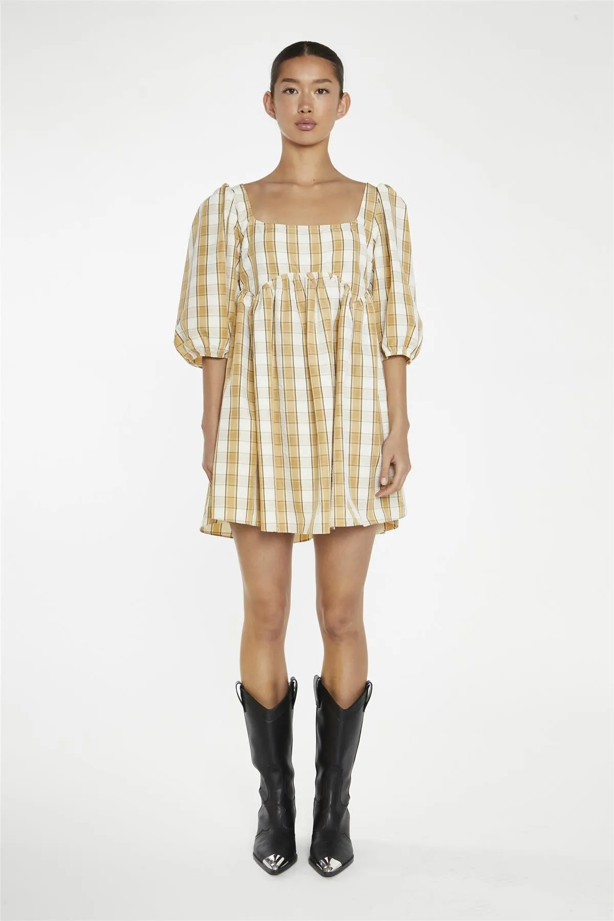 Beige-Cream Check Square-Neck Smock Mini-Dress