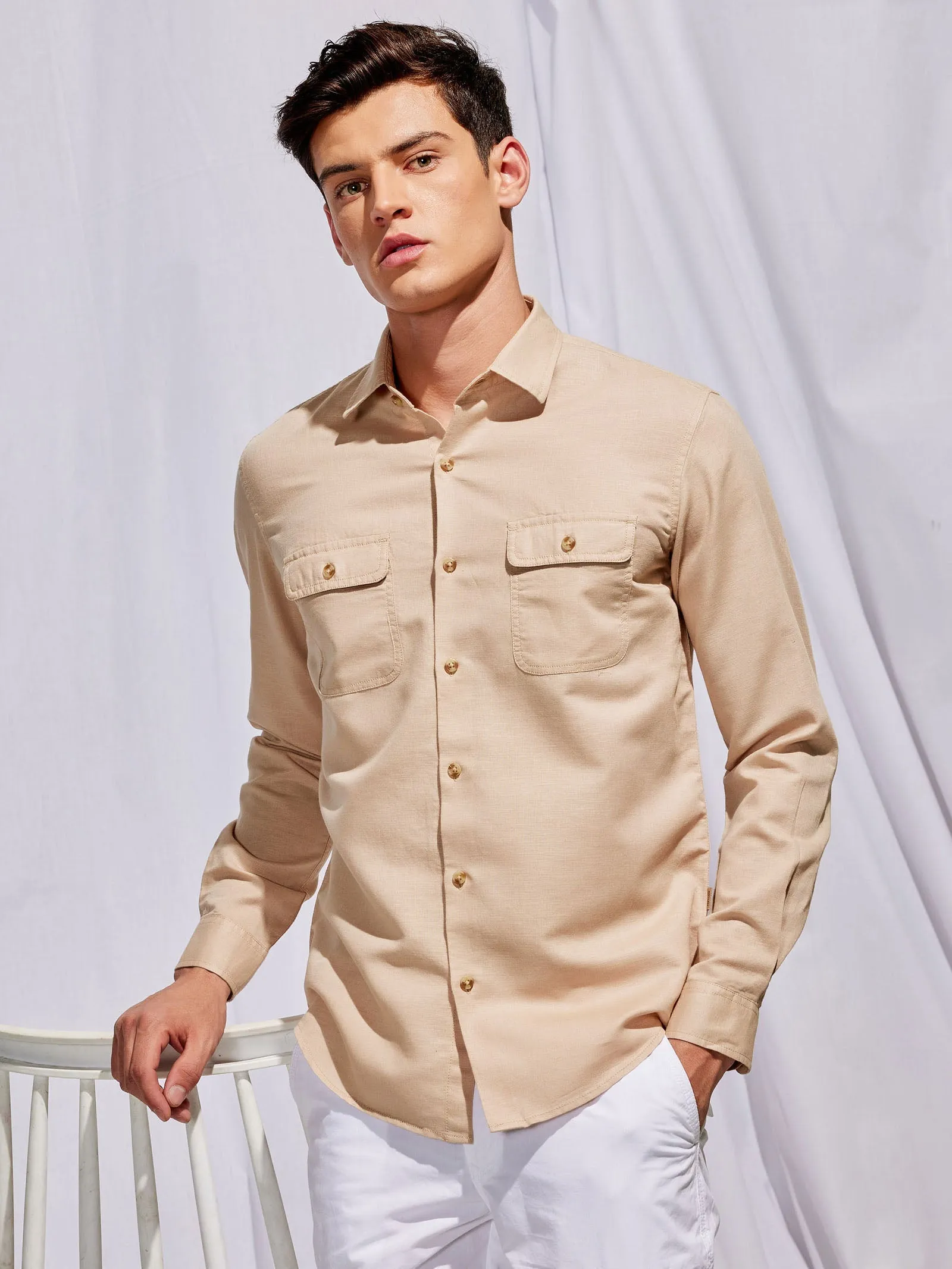 Beige Linen Cargo Shirt