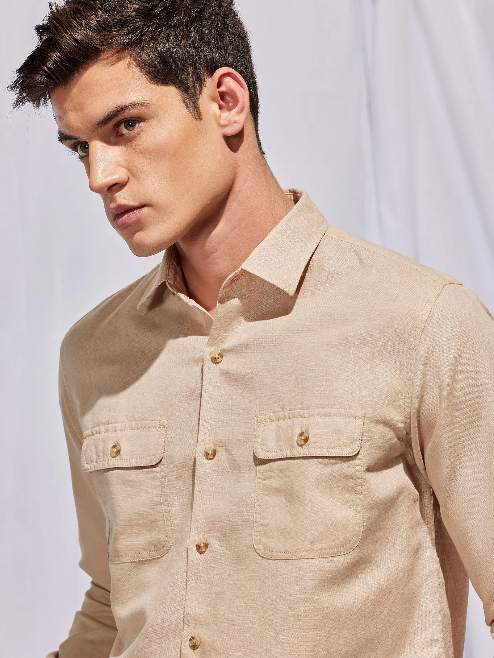 Beige Linen Cargo Shirt