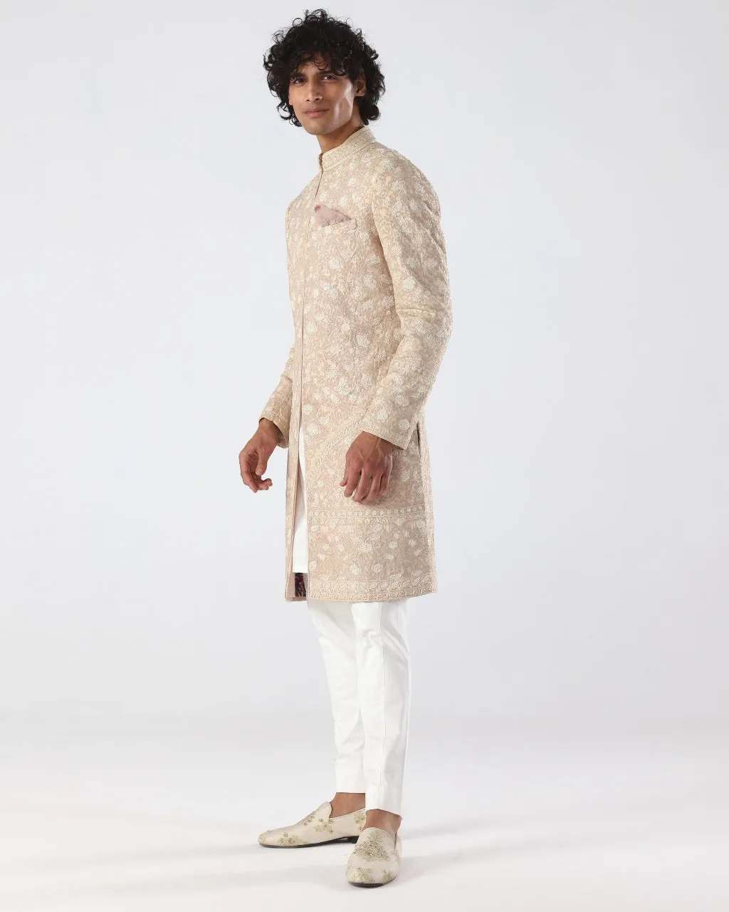 Beige Pink Thread Embroidery Sherwani Set