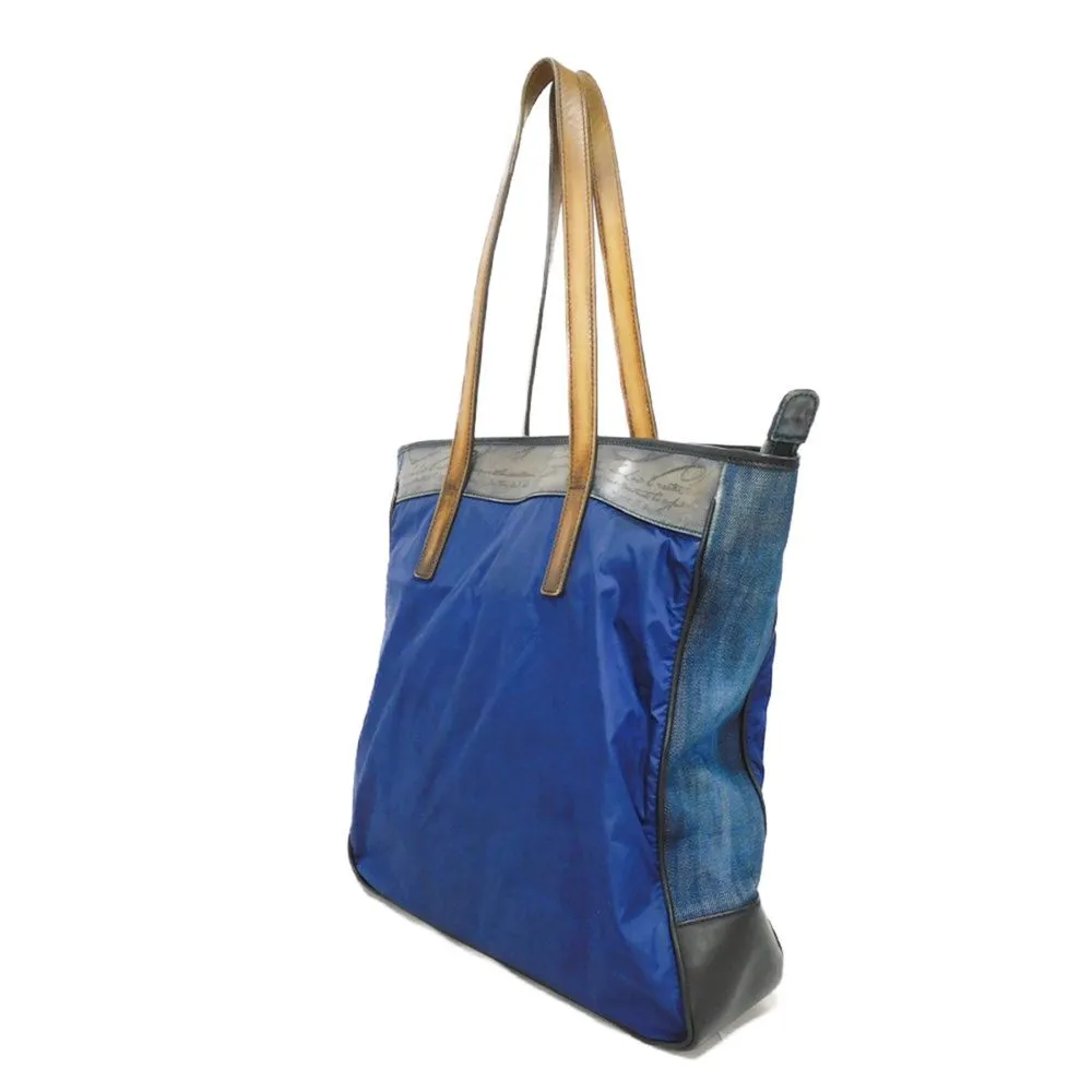 Berluti Tote Bag Nylon x cotton x Venezia Scritto leather blue Calligraphy Bar Tikal Tote mens Used Authentic