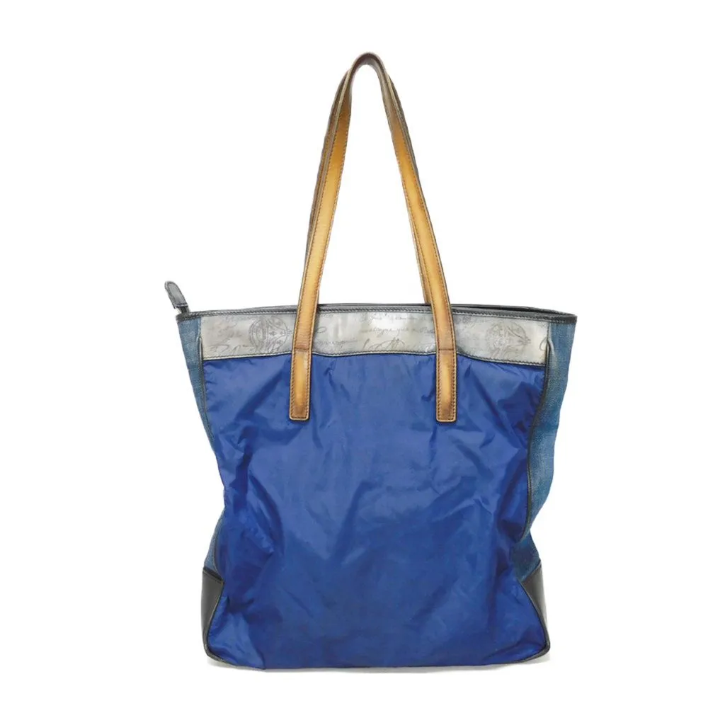 Berluti Tote Bag Nylon x cotton x Venezia Scritto leather blue Calligraphy Bar Tikal Tote mens Used Authentic