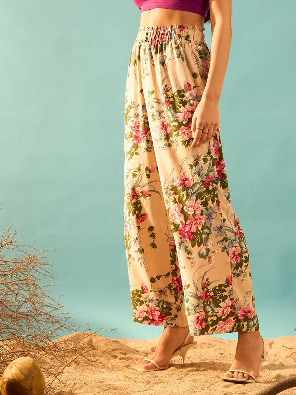 Berrylush Women Beige & Pink Floral Printed High-Rise Elastic Waist Slip-On Pleated Regular Trousers