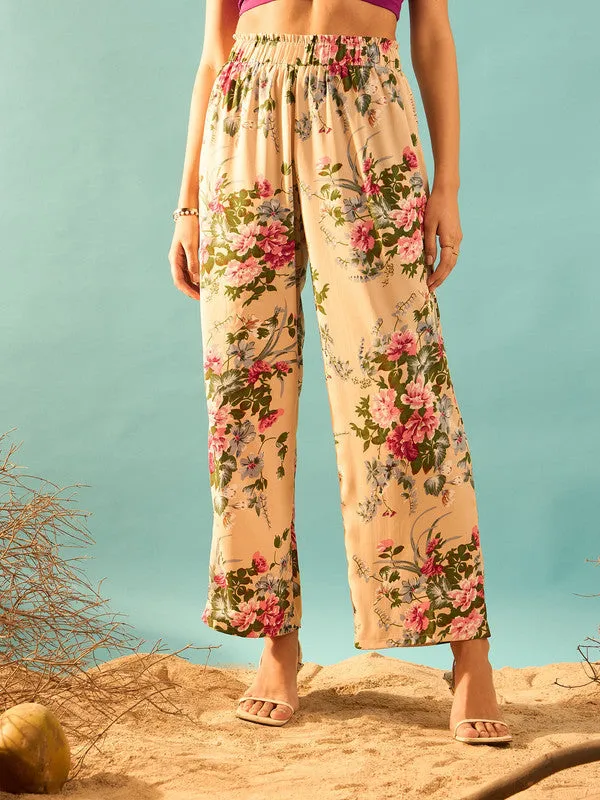 Berrylush Women Beige & Pink Floral Printed High-Rise Elastic Waist Slip-On Pleated Regular Trousers