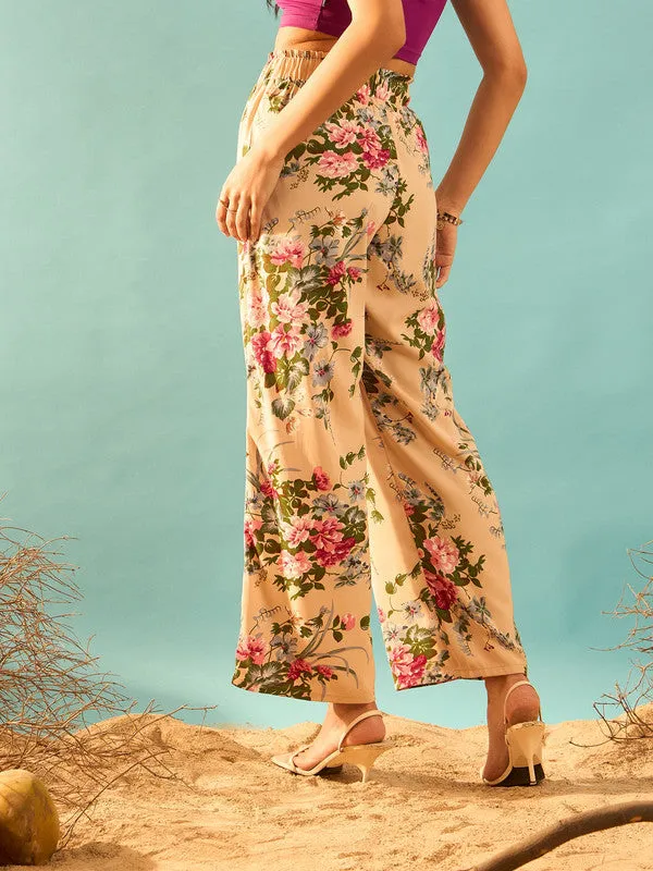 Berrylush Women Beige & Pink Floral Printed High-Rise Elastic Waist Slip-On Pleated Regular Trousers