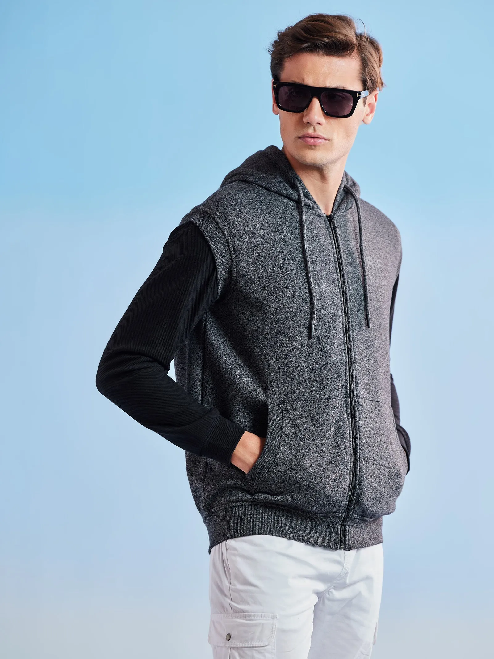 Black Fleece Sleeve Less Hooded Sweatshirt