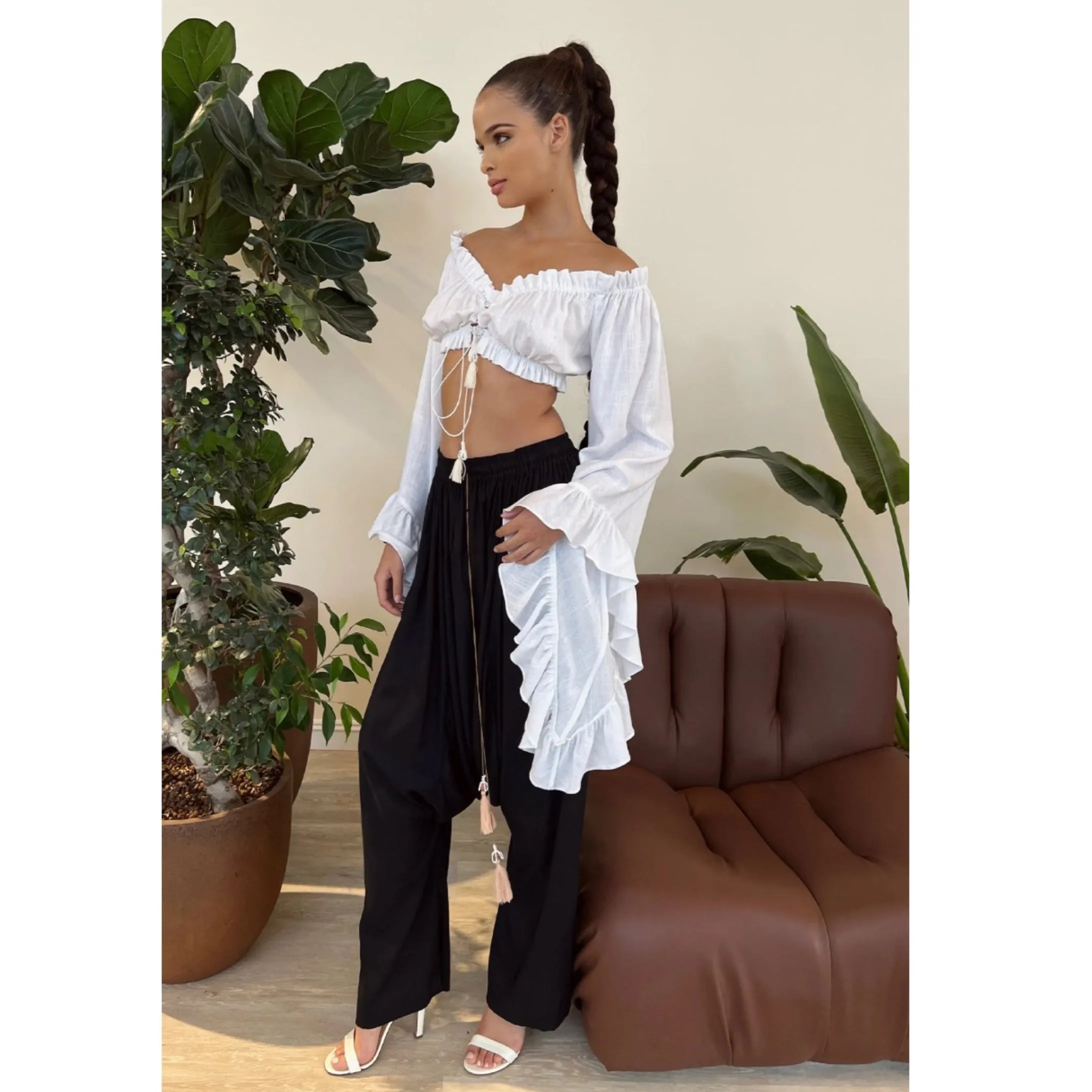 Black Modal Drop Crotch Pant with Handmade Tassels