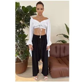 Black Modal Drop Crotch Pant with Handmade Tassels