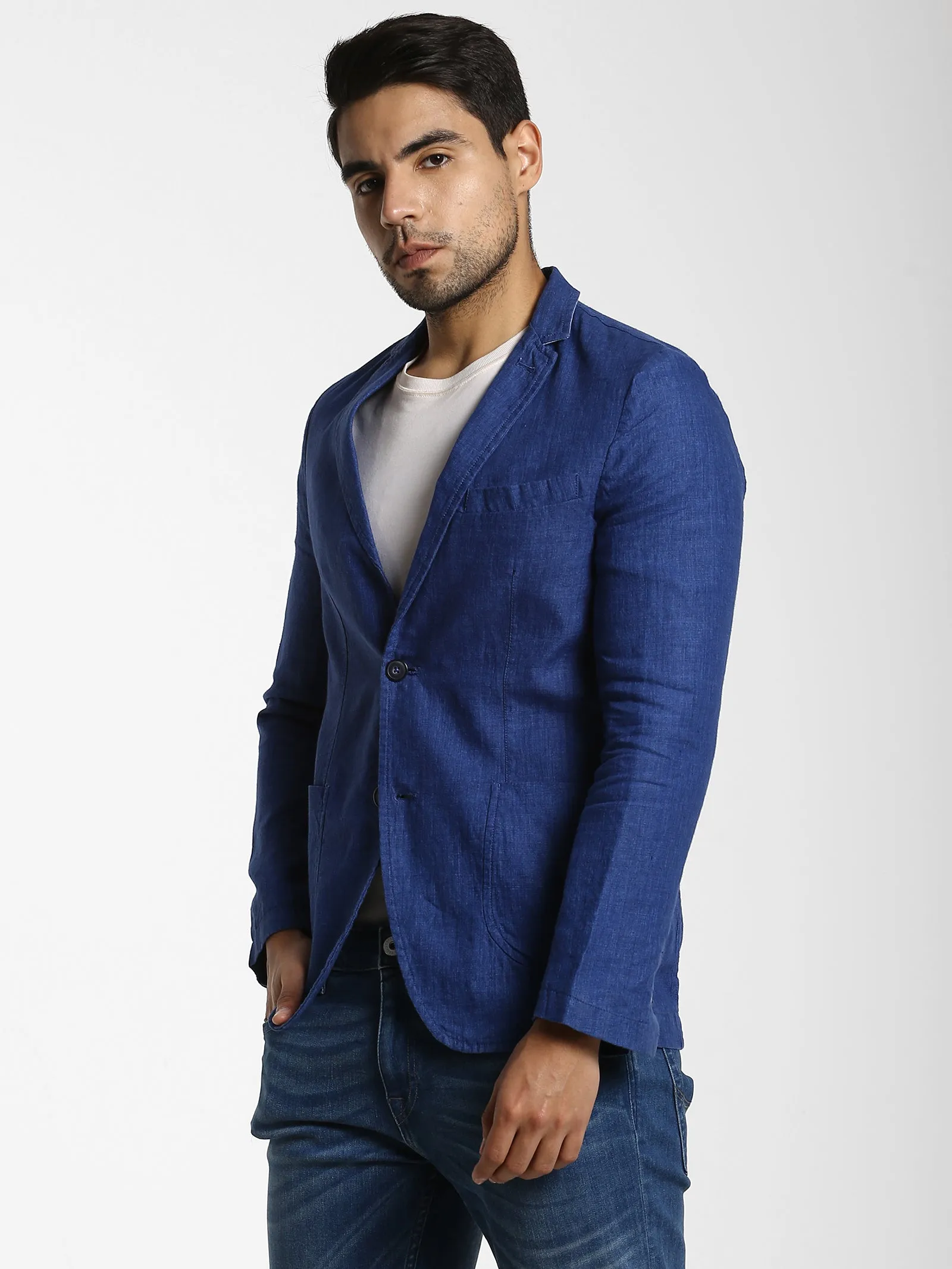 Blue Jacquard Linen Blazer