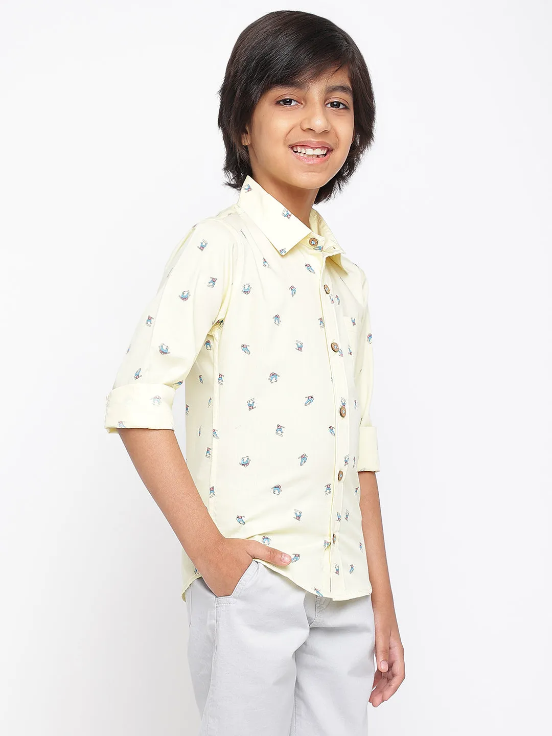 Boys Light Yellow Printed Shirt