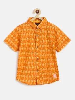 Boys Orange Overall Printed Shirt