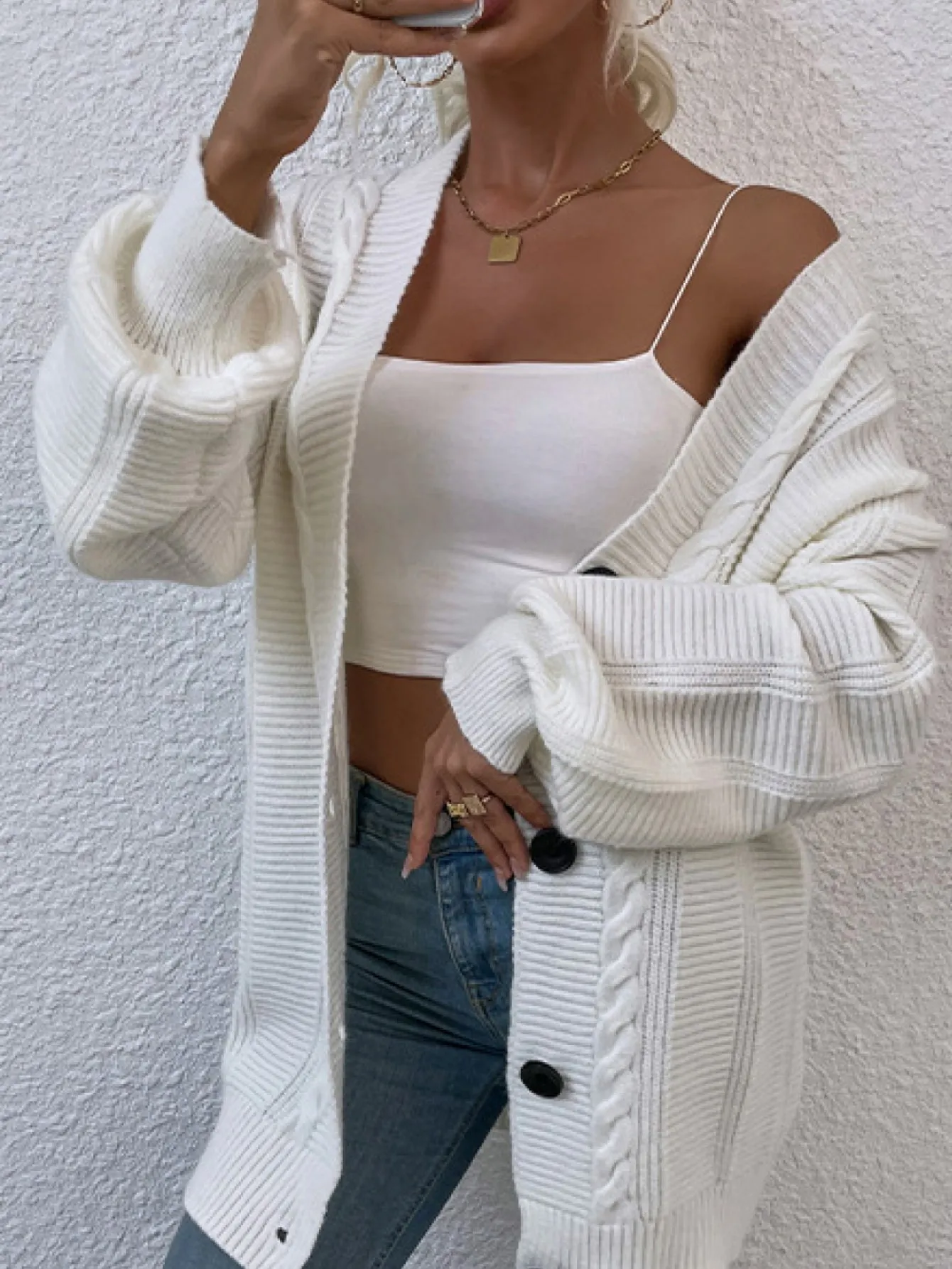 Cable-Knit Button Down Ribbed Trim Cardigan