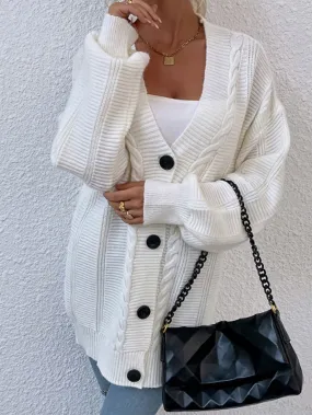 Cable-Knit Button Down Ribbed Trim Cardigan