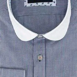 Cavani Men's Penny Round Collar Navy Gingham Check Formal Peaky Blinders Shirt