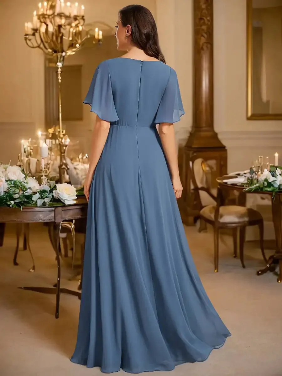 Chiffon Applique Elegant V Neck Long Evening Dresses