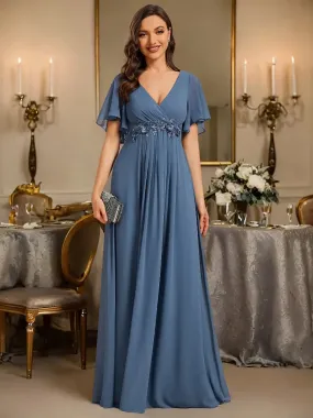 Chiffon Applique Elegant V Neck Long Evening Dresses