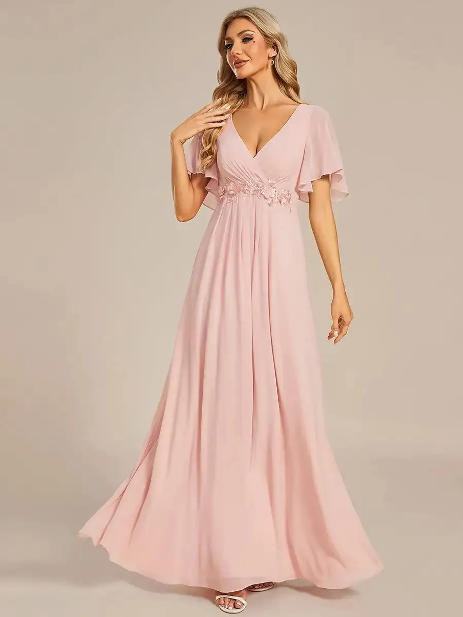 Chiffon Applique Elegant V Neck Long Evening Dresses