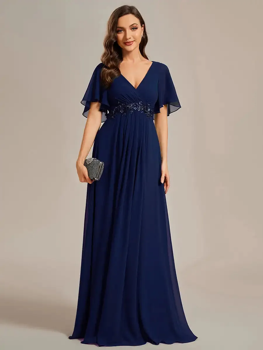 Chiffon Applique Elegant V Neck Long Evening Dresses