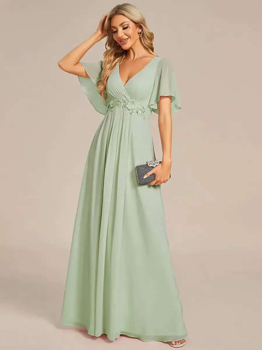 Chiffon Applique Elegant V Neck Long Evening Dresses