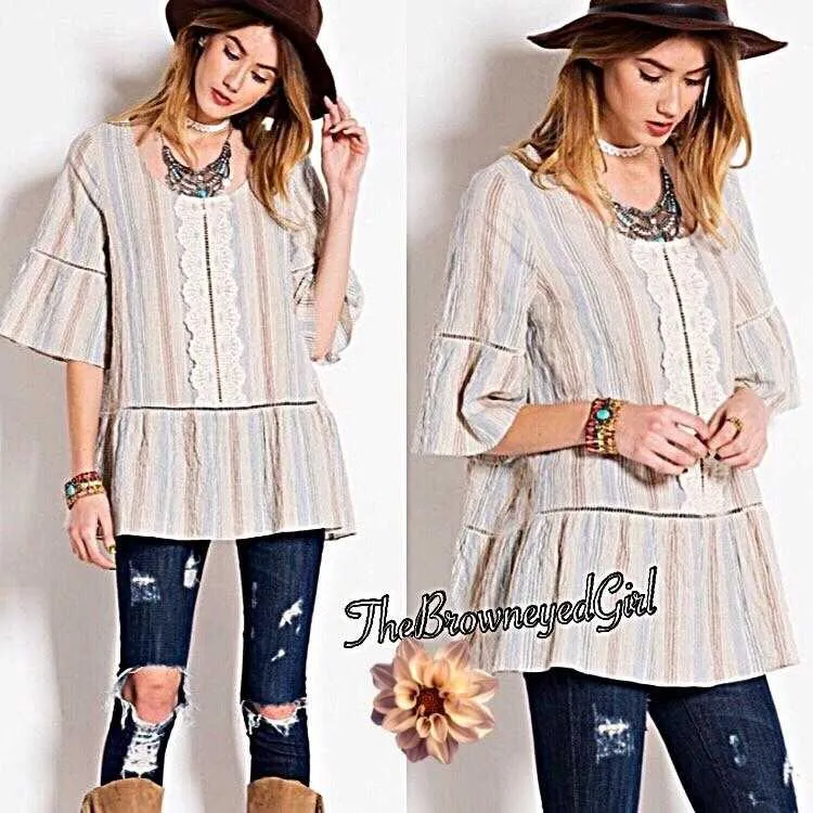 Crinkle Denim & Lace Striped Baby Doll Peasant Top