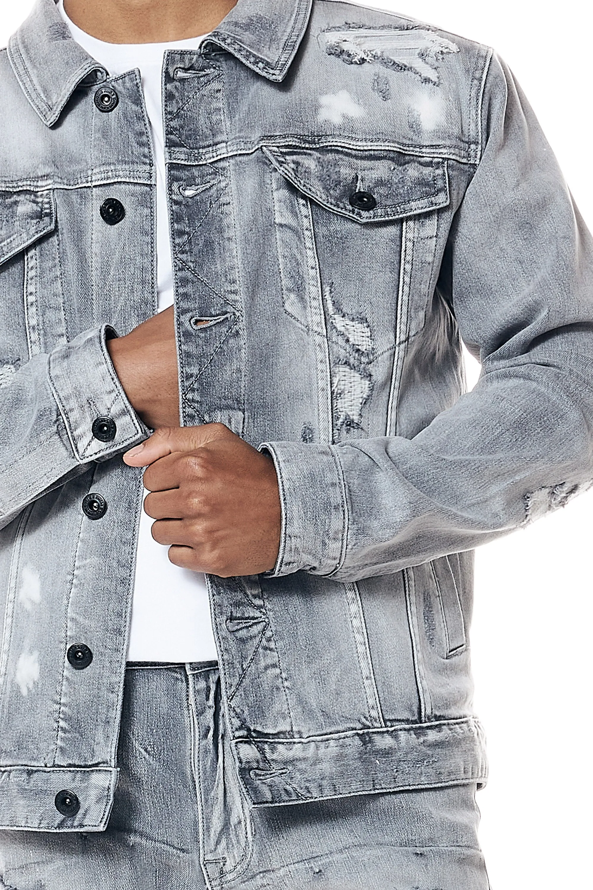 Distressed Rip & Repair Jean Jacket - Union Grey