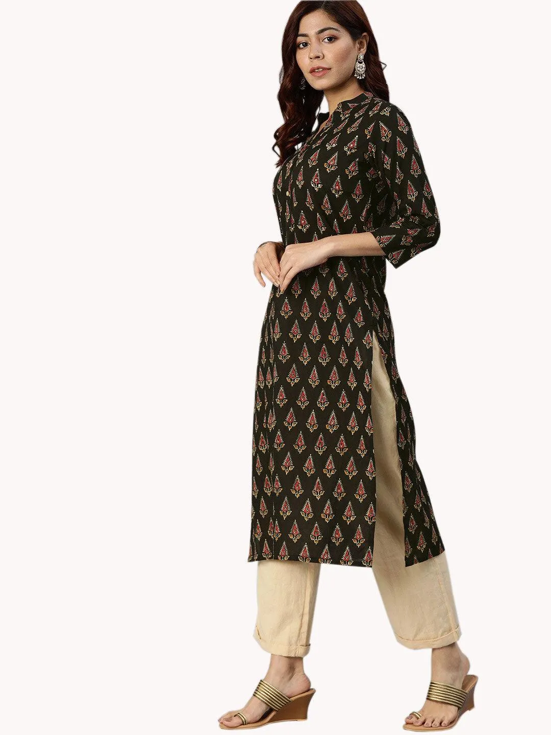 Divena Black Buti Print Cotton Kurta