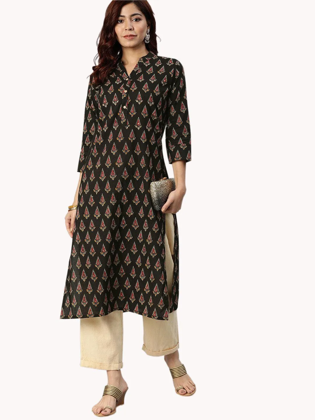 Divena Black Buti Print Cotton Kurta