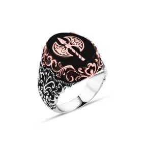 Double Headed Axe on Black Ellipse Onyx Stone Silver Men's Ring with Wavy Pattern Around